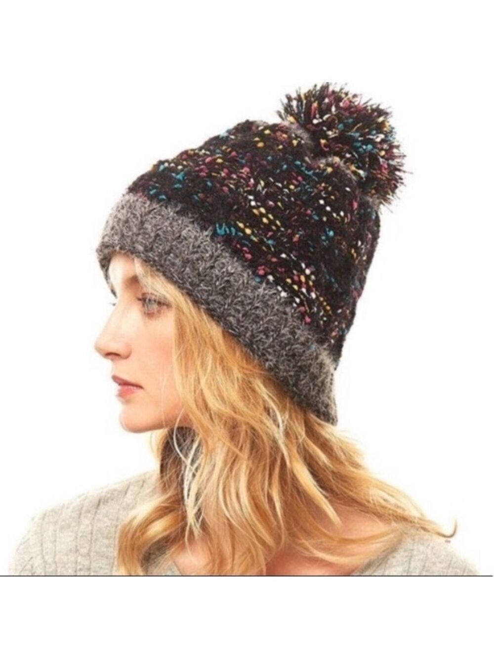 LOF Pom Pom black knit beanie hat jewel tone confetti fall winter